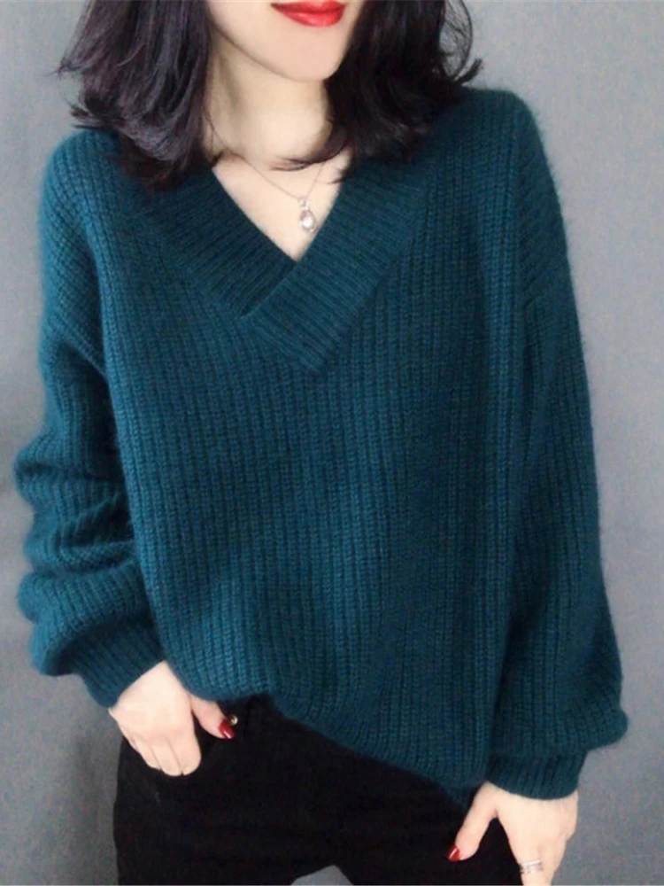 

Fashion Women Sweaters 2023 Autumn Winter New V-Neck LOOSE Pullovers Streetwear Women's Clothing Knitwear Long Sleeve Top