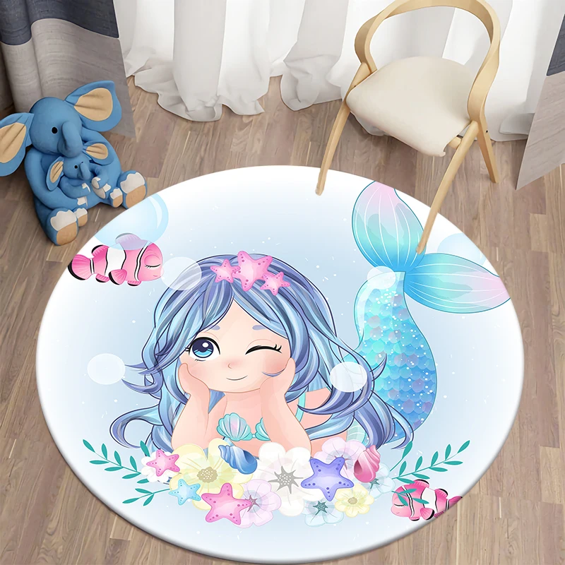 Mermaid Unicorn HD  Printed Round Carpet Children's Living Room Mat Floor Mat Yoga Mat Bedroom Chair Non Slip Mat New Year Gift