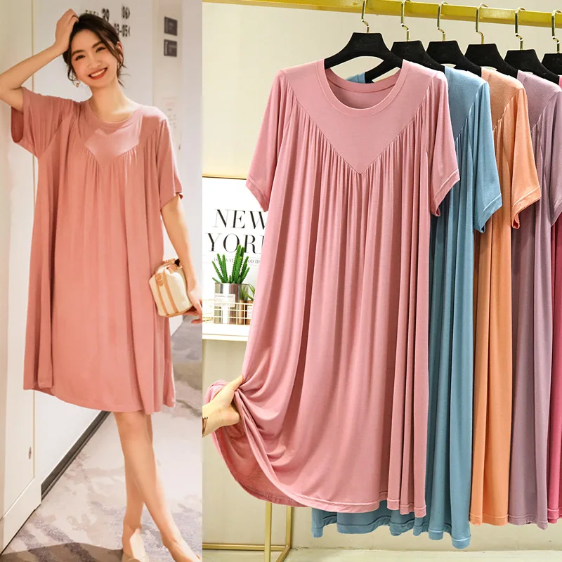 Modal Nightgown Women Summer Pleated Thin O-neck Loose Large Size Casual Short Sleeve Night Dress Home Female Long Dress