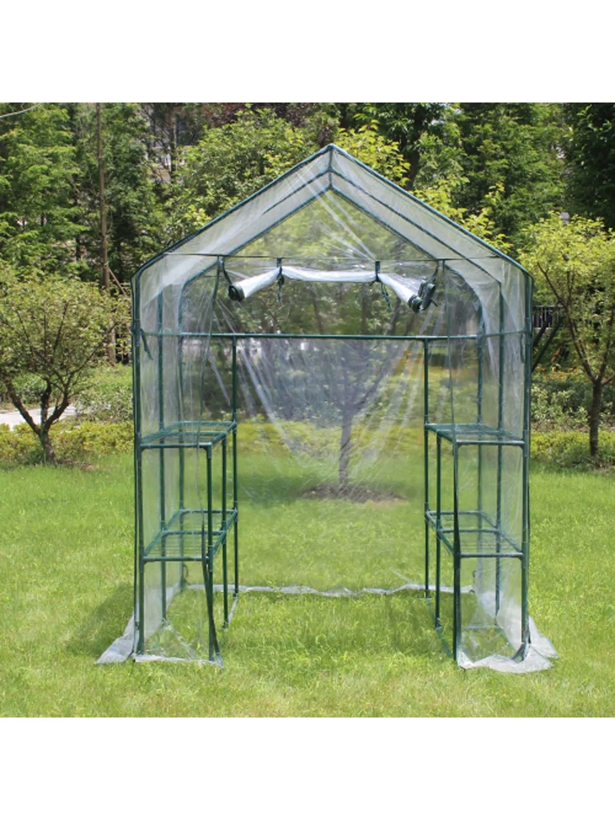 

Outdoor 56" W x 56" D x 76" H Green House ,Walk-in Plant Gardening Greenhouse With 2 Tiers 8 Shelves(Transparent Cover)