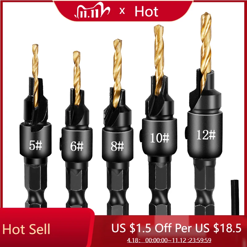 

5pcs Countersunk Hex Shank Taper Drill Bits 5 6 8 10 12 Woodworking Drill Tools