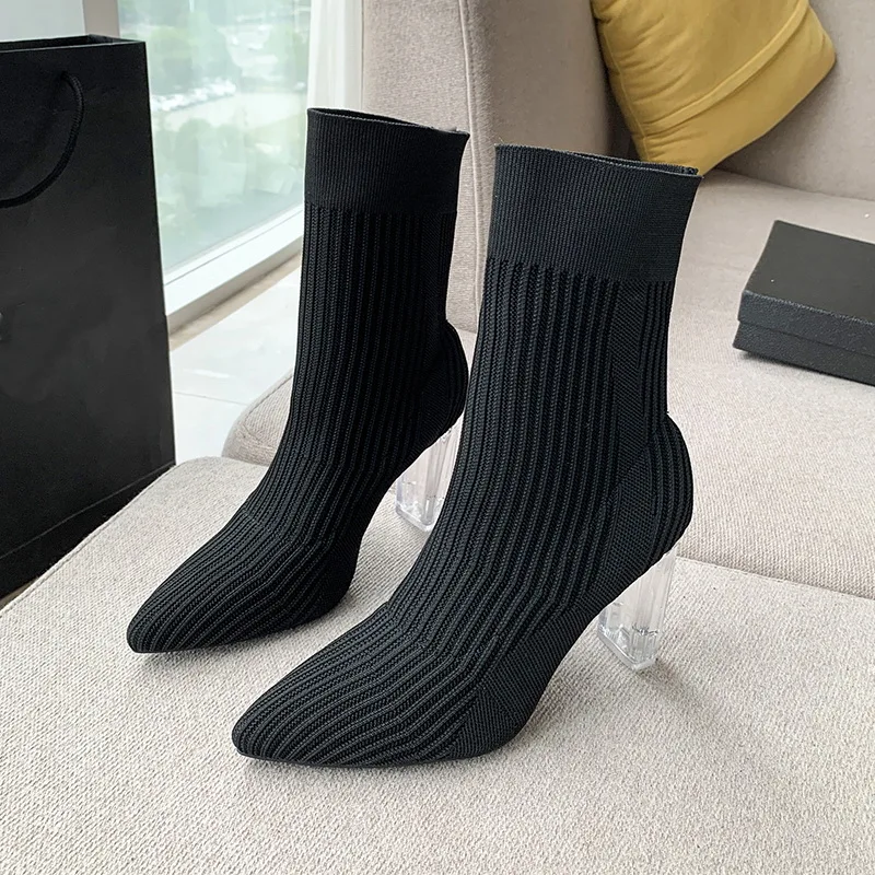 

Ботинки-носки женские прозрачные, эластичные, заостренный носок, квадратный каблук 9 см, черные, бежевые