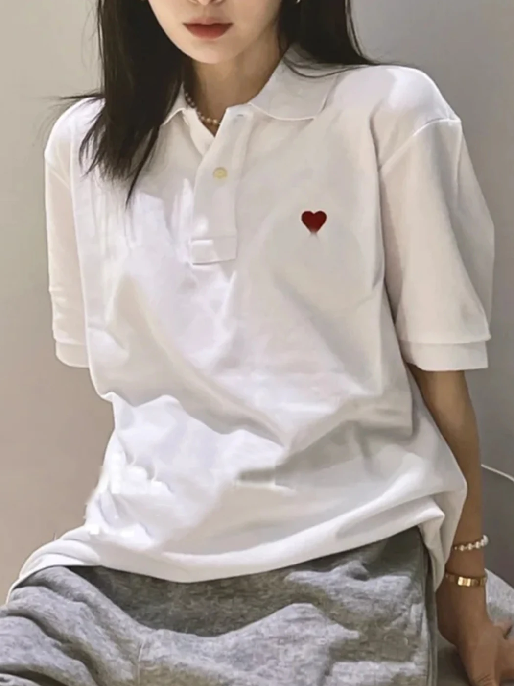 

Heart Embroidered T-shirt Casual Shirts Top Women Turn-down Collar Short Sleeve Lovers T-shirts Tess Loose Cozy Blusas