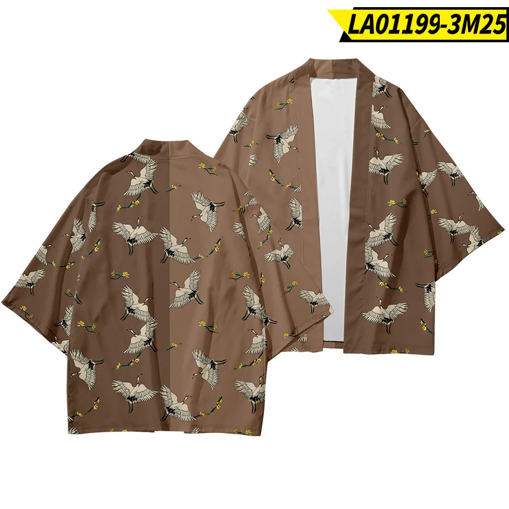 Chinese Kimono Men Print Crane Cardigan Large Size Polyester 3/4 Sleeve Robe Spring Summer New Underwear Casual Home Bathrobe