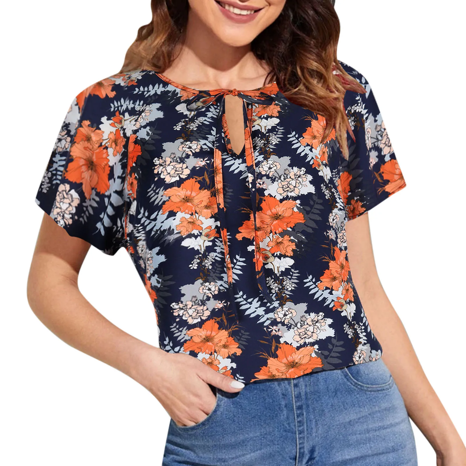 

Sexy Female Floral Chiffon Shirt Top Summer Women Short Sleeve V-neck Thin Breathable Top Blusas