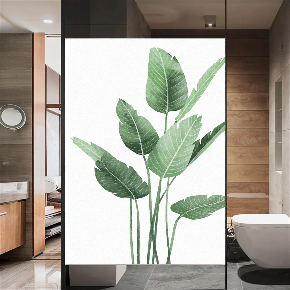 Декоративная прозрачная пленка для окон витражные наклейки с зелеными листьями