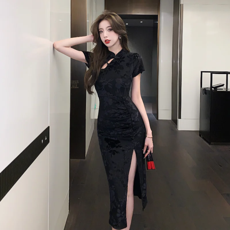 Vestido Cheongsam negro para chicas jóvenes, a la cadera Falda larga, Sexy, nueva versión modificada, verano 2023