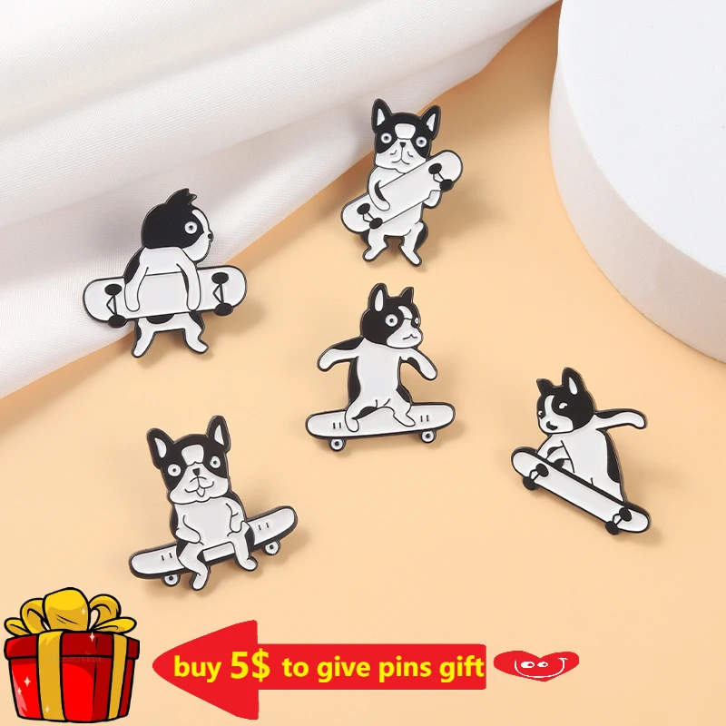 Skateboard Motion Enamel Pins Custom Black and White Spotted Dog Brooch Lapel Badge Bag Cartoon Pin Jewelry Gift for Kid Friend |