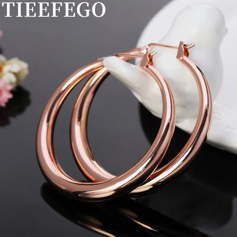 

TIEEFEGO 925 Sterling Silver Gold/Rose Gold Glossy Round Hoop Earring For Woman Fashion Party Engagement Statement Jewelry Gift