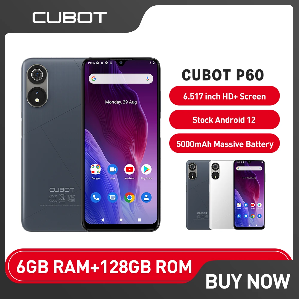 Cubot P60 6GB+128GB Android 12 Smartphone 20MP Camera 5000mAh Dual SIM 4G Cellphone 6.517 Inch HD Screen Mobile Phone