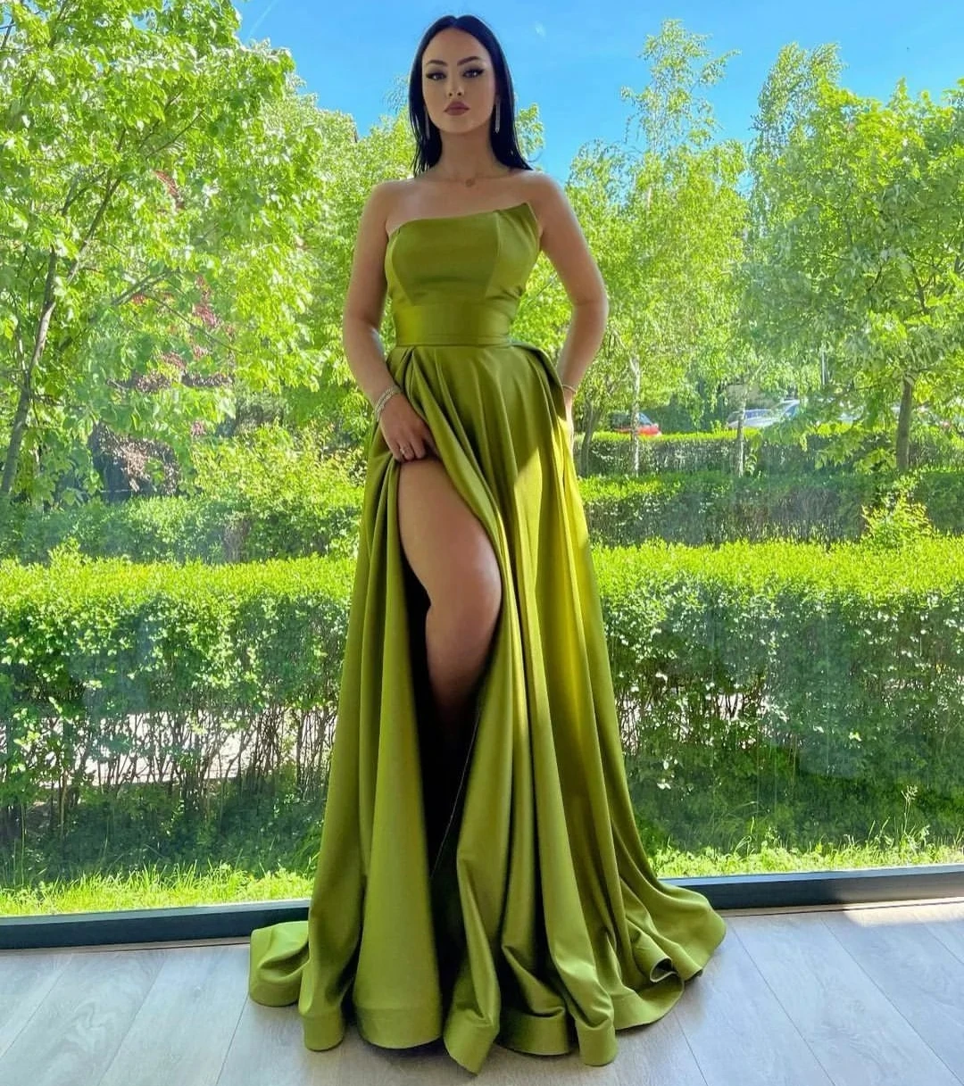 

Fashionvane Strapless Prom Dresses Summer Ladies Wear Long Ruched Side Slit Vestidos De Noche Zipper Back Evening Party Gowns