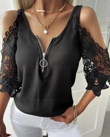 s 2xl summer women v neck cold sleeve zipper front lace trim top see through casual loose t shirts womens summer clothes 2022
