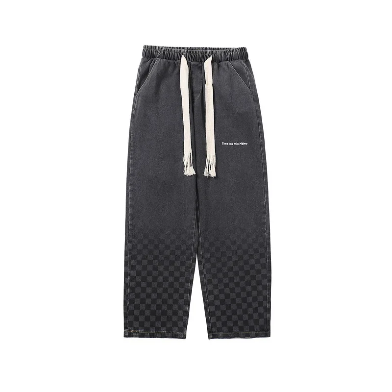 High Street Washed Gradient Plaid Printed Jeans Men's Wide Leg Pants Street Casual Straight Leg Jeans Pants Men's Street Men's