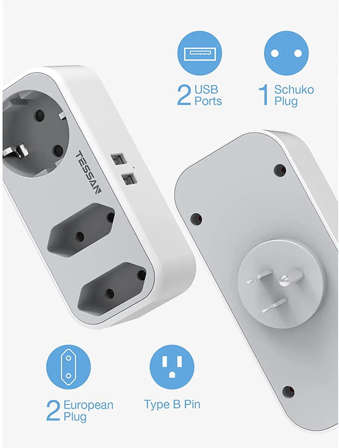 Адаптер питания TESSAN с 3 розетками стандарта Европа и 2 USB-портами типа B настенное