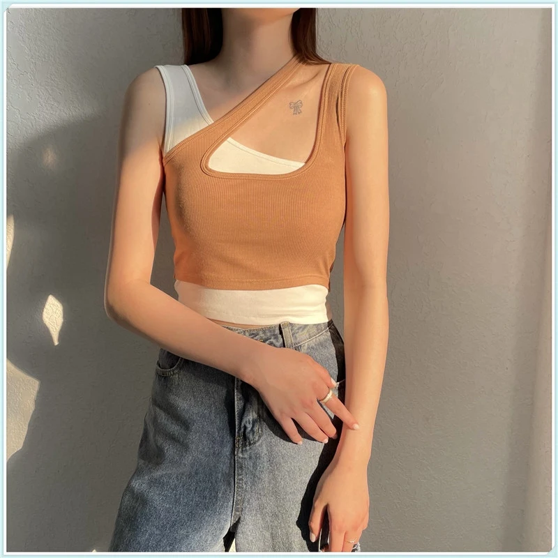 

Bodycon Tops Corset Top Tanks Top Fake Two Piece Design Streetwear Femme T Shirt Cami Clothing Women Tees High Street Cropped