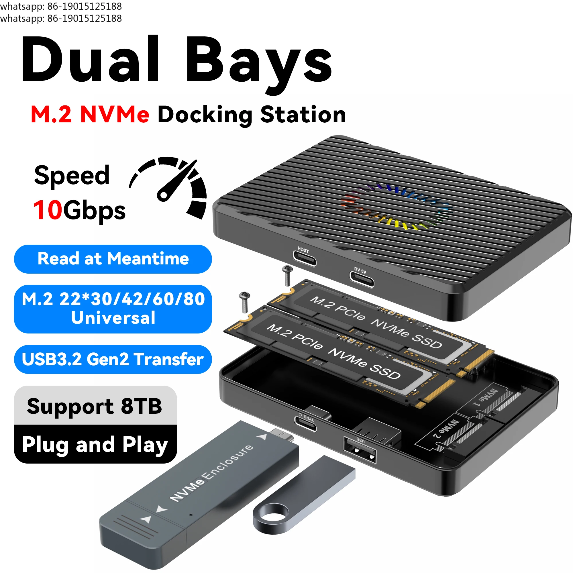 Фото Док-станция 4-в-1 USB3.2 Gen2 10 Гбит/с для M.2 NVMe SSD с двумя отсеками, поддержкой передачи данных до 8 ТБ, Plug and Play, для чтения данных №2