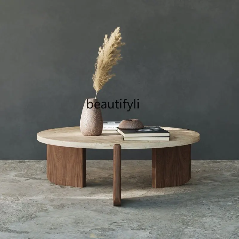 yj Sili Style Minimalist Solid Wood Cave Stone Coffee Table Small Tea Table round Balcony Low Table Coffee Table