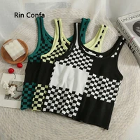 rin confa summer all match thin vest short sexy knitting top women assorted colors checker new style fashion crop top