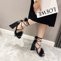 zookerlin 2022 summer new triangle high heel rabbit fur ankle strap open toe womens sandals sexy fashion party shoes square toe