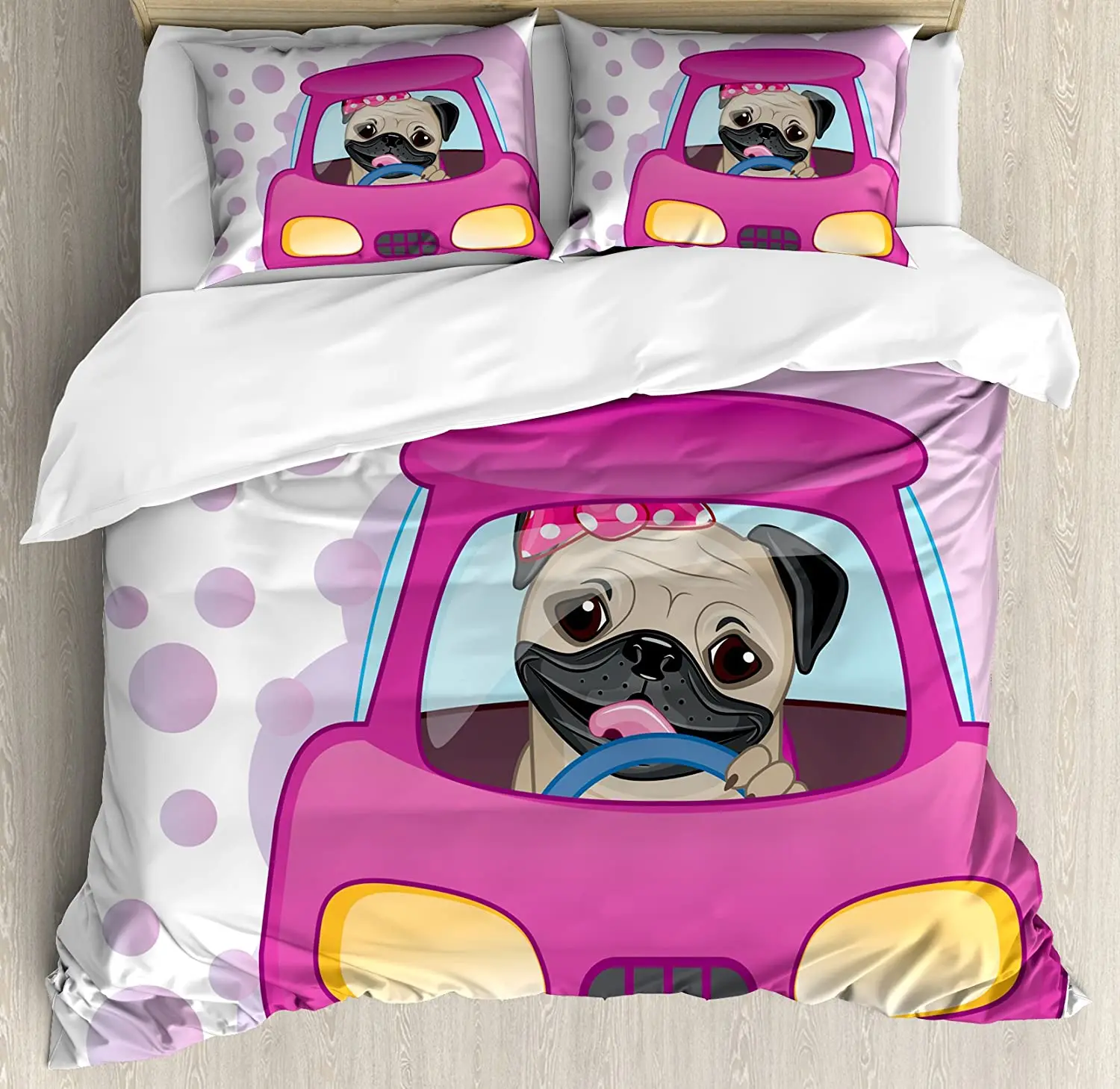 

Pug Bedding Set For Bedroom Bed Home Dog Driving on the Cute Pink Car Girly Design Happy Duvet Cover Quilt Cover And Pillowcase