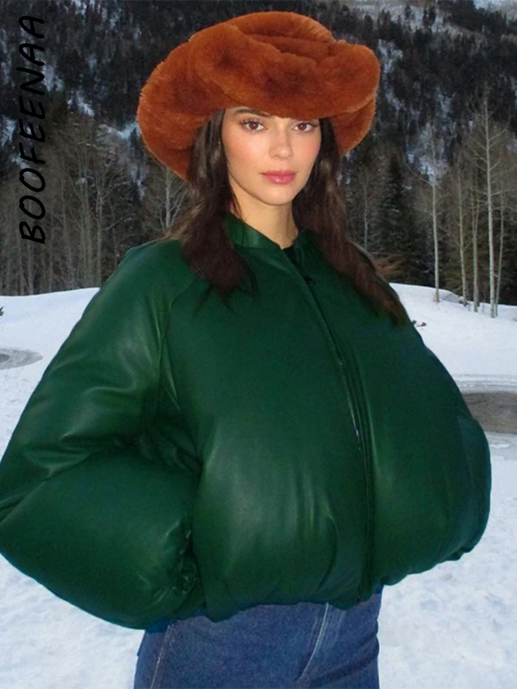 

BOOFEENAA искусственная кожа карманы молния пуховик черный зеленый Кендалл знаменитости зимняя одежда Пышное пальто для женщин