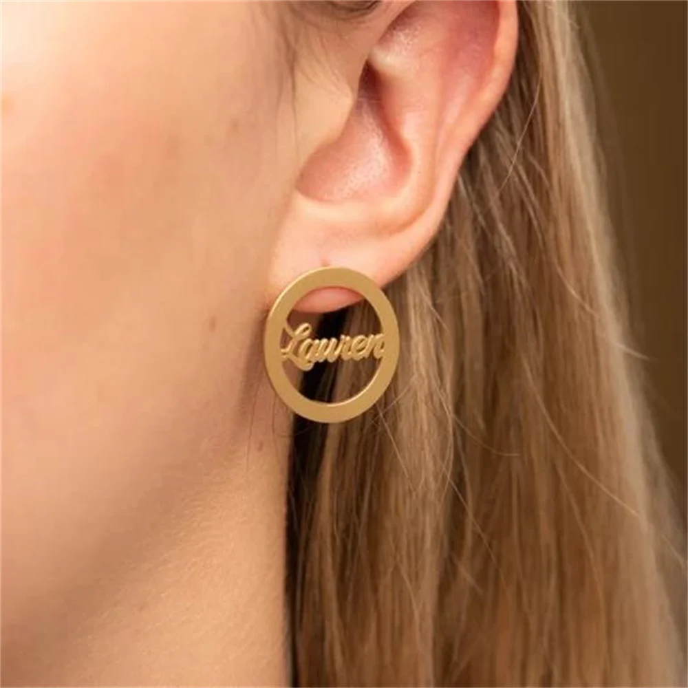 

Custom Name Earrings Gold Color Women Stainless Steel Personalize Round Letters Ear Studs Charm Party Jewelry Birthday Gifts