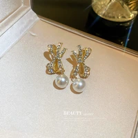 bow drop earrings pearl pandent crystal jewelry for women 2022 new korean trendy luxury cute romantic wedding stud earring gift