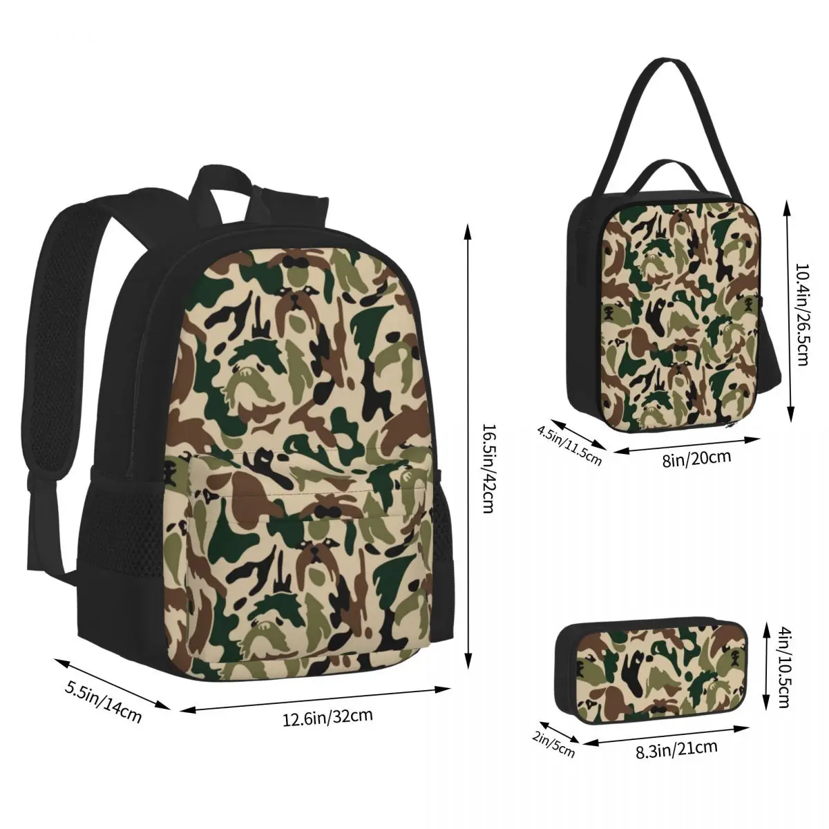 

Shih Tzu Camouflage Backpacks Boys Girls Bookbag Students School Bags Cartoon Kids Rucksack Lunch Bag Pen Bag Three-Piece Set