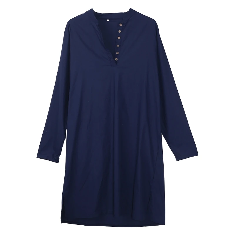 Men Muslim Kurta T-Shirt Long Sleeve Buttons Stand Collar Kaftan Blouse Solid Color Side Split Arabic Robe Tunic Tops