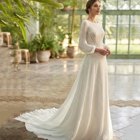 Женское кружевное свадебное платье, белое платье с длинным рукавом и круглым вырезом, лето 2024