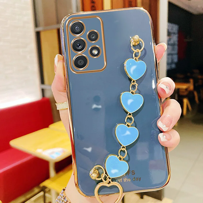 For Samsung A32 Case Wrist Chain Love Heart Phone Case For Samsung Galaxy A13 A23 A33 A53 A73 A52 A72 A51 A71 A21S A31 A30 Cover