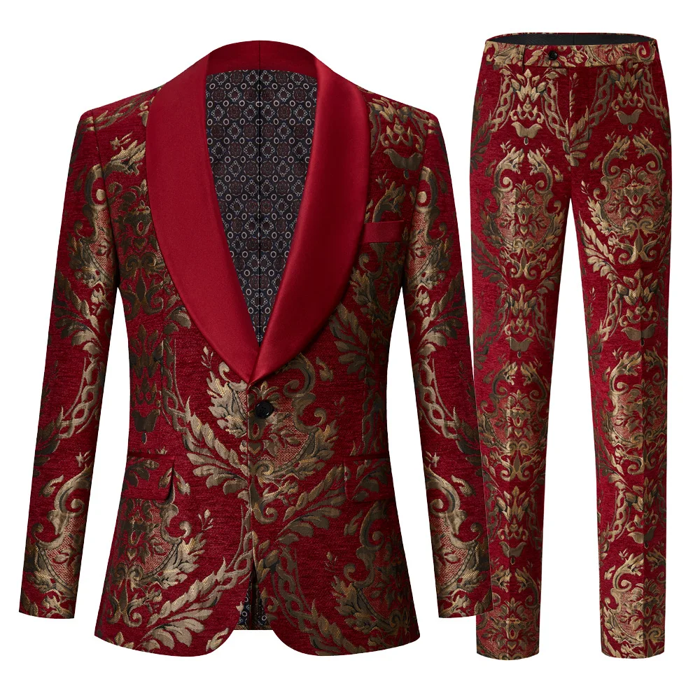 

Europe & America Luxury Brand Male Suit Handsome and Stylish Red Embroidered Jacquard Wedding Suits for Men Free Shipping