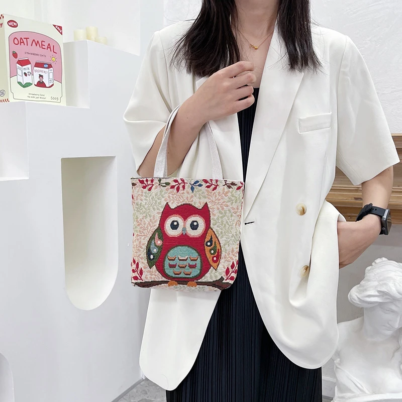 Women's Embroidered Handbag Animal Print Canvas Bag Vintage Top-Handle Bags Female Fashion Casual Tote Bag Purse Bolsas De Mujer