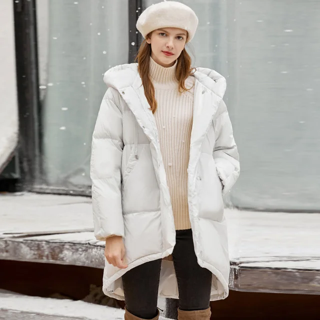 

AmiI Elegant Down Jacket Women Winter Solid Mid Long Loose Hooded Female Thick Coat 11970479