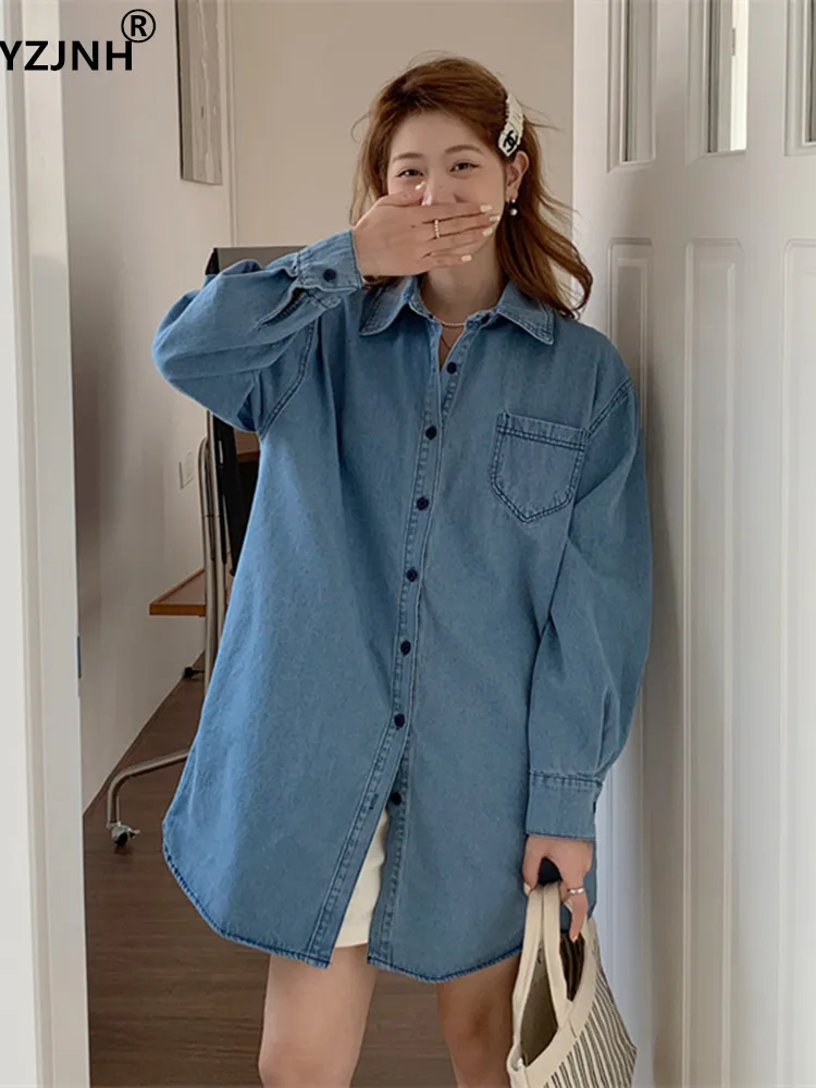 

Новинка осени 2023, Классическая универсальная Потертая джинсовая рубашка YZJNH, свободное и удобное однобортное пальто сплошного цвета