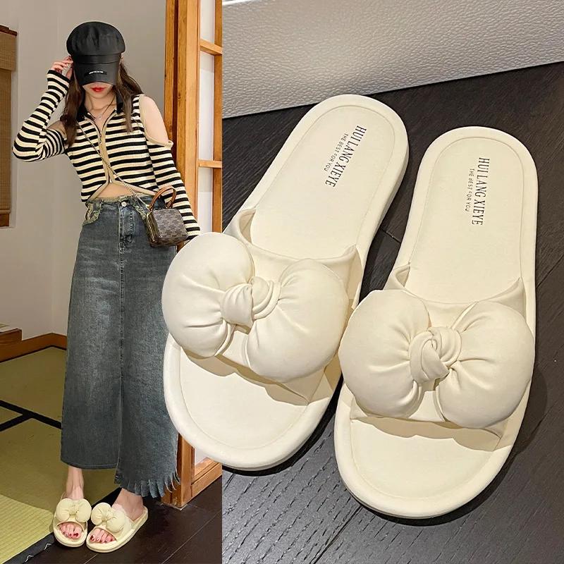 

Шлепанцы женские с бантиком-бабочкой, сланцы, пляжная обувь на плоской подошве, модные лоферы, роскошные массажные тапки из полиуретановой ткани, для летнего сезона