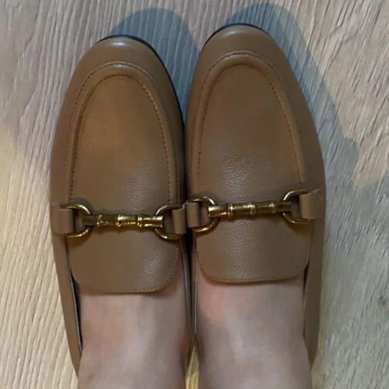 Brand England Style Fashion Simple Gold Buckle 100% Genuine Leather Sheep Soft Slip-On Loafers Women Summer Casual Flat Shoes