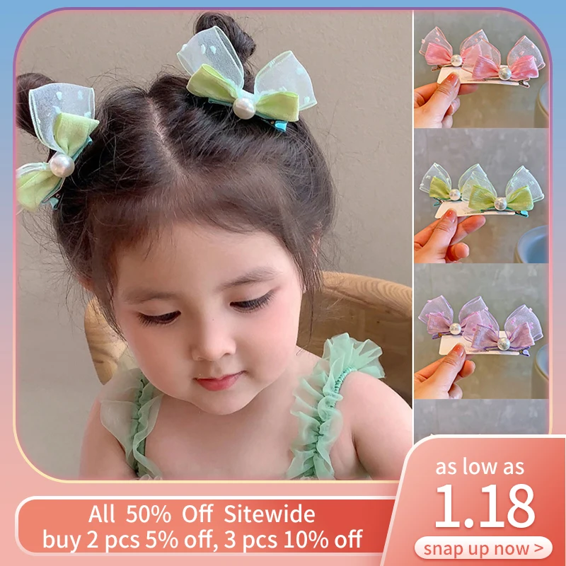 

Sweet Pearl Bow Children Hairpins Summer Mesh Bowknot Princess Girls Hair Clips Accessories Kids Barrettes Headwear Headdress