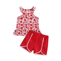 summer baby girls clothes two pieces cotton outfit sleeveless ruffle pullover heart printed tops lace trim half length pants
