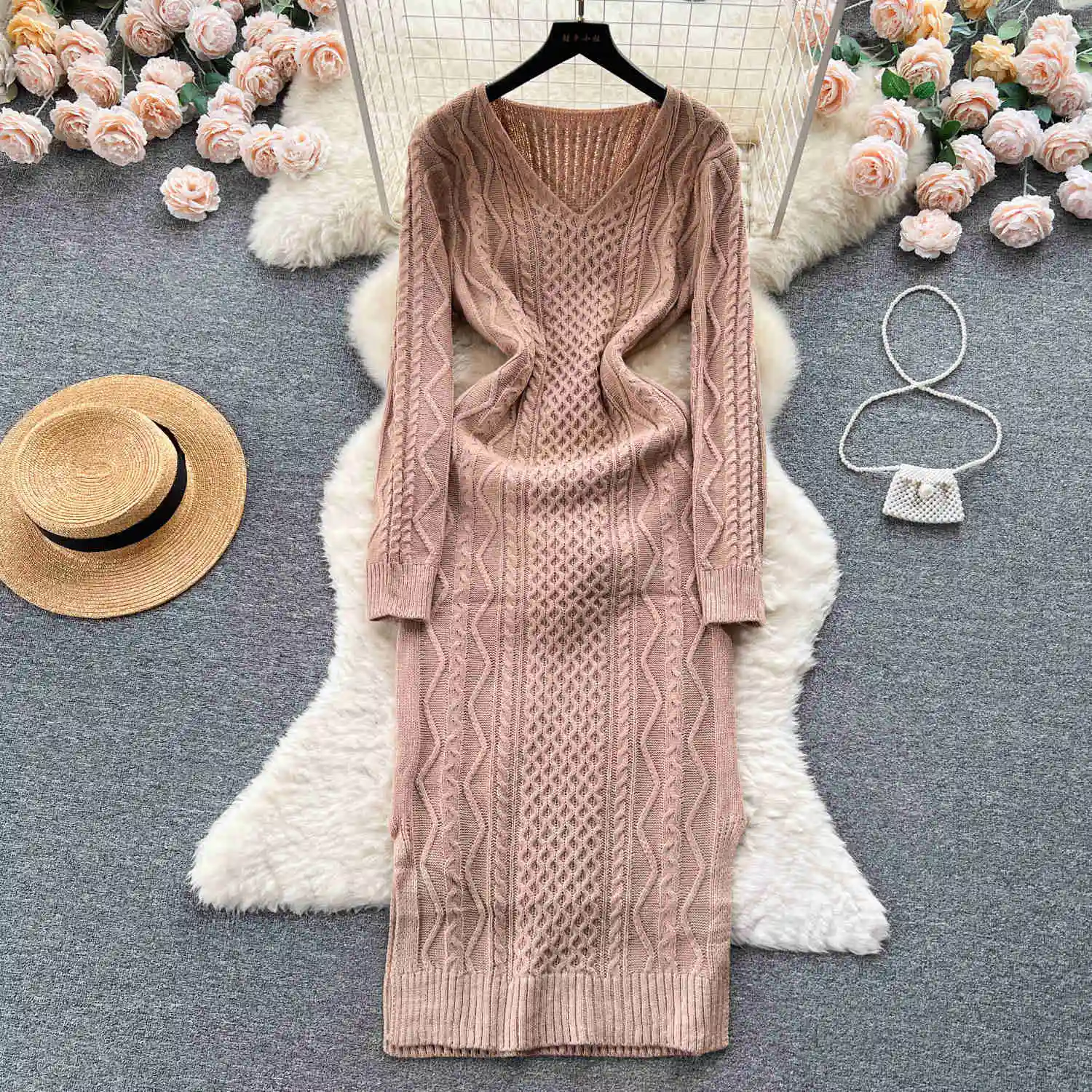 

2023 Autumn Clothes Women Fashion Solid Color V Neck Long Sleeve Knitted Dress Casual Female Winter Warm Pullover Sweater Dress