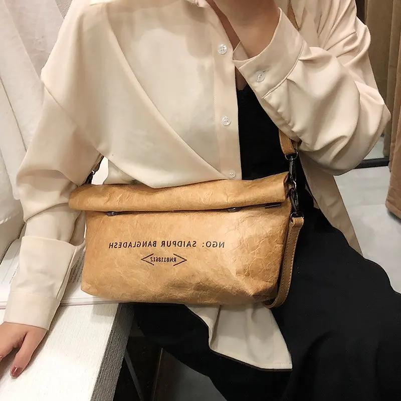 

Fashion Dumpling Kraft Paper Crossbody Bags for Women Flip Buttons Closure Anti Theft Handbags and Eco Friendly Purses