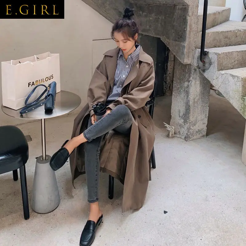 

E GIRLS Y2k Trench Women All-match Spring Fashion Leisure Elegant Temperament Work Wear Aesthetic Retro Chic Tunic Popular Mujer