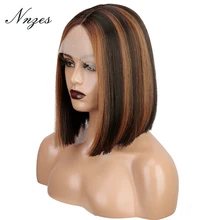 NNZES Highlight Synthetic Lace Wigs Short Straight Blonde Mix Brown Lace Part Wigs for Black Women Black Ombre Blonde Bob Wigs