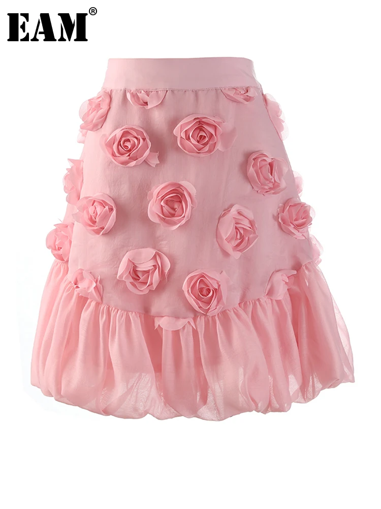 

[EAM] High Waist Black Three-dimensional Flower Mesh Mini Half-body Skirt Women Fashion Tide New Spring Summer 2022 1DE9073