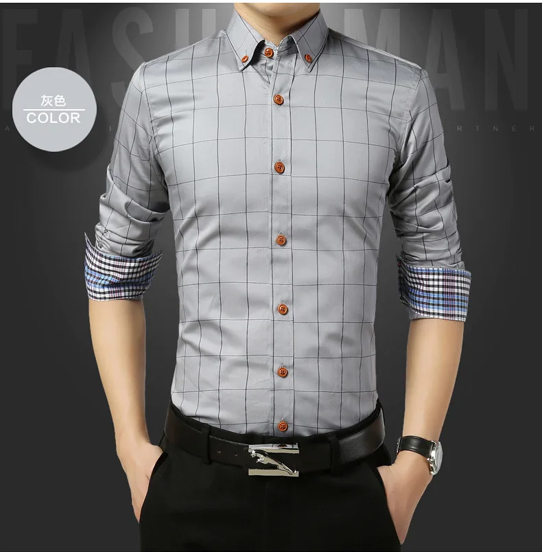 Men's shirts long-sleeved autumn and winter new anti-wrinkle free ironing slim business casual plaid color matching shirt