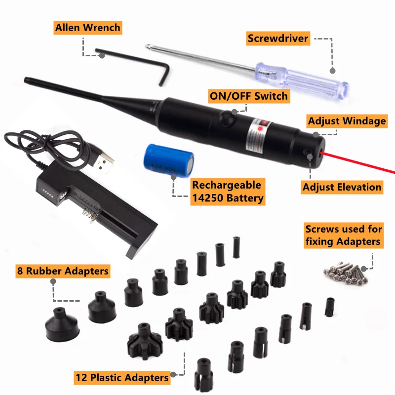 

Red Laser Bore Sight Kit for .22 to .64 Calibers BoreSighter with Switch and Battery Charger Laser Bore Sighter Collimator