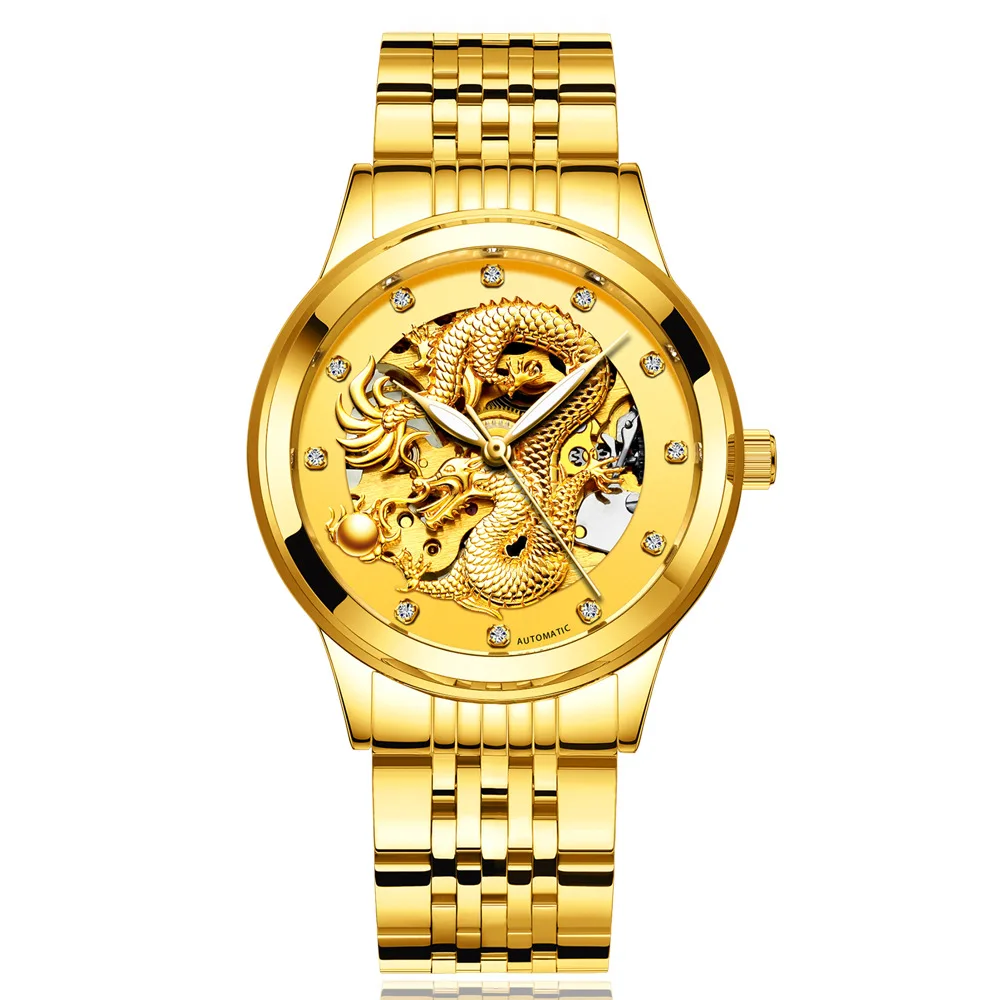 

Многофункциональные водонепроницаемые золотые часы с кожаным ремешком, полностью автоматические механические красные мужские часы