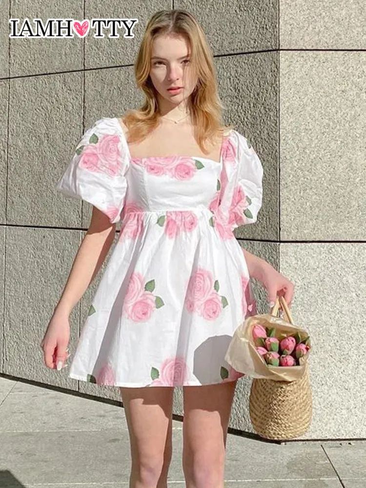 

IAMHOTTY Элегантное летнее платье принцессы с цветочным принтом 2022 Белое Бальное Платье мини платья y2k эстетическое праздничное платье Новинка