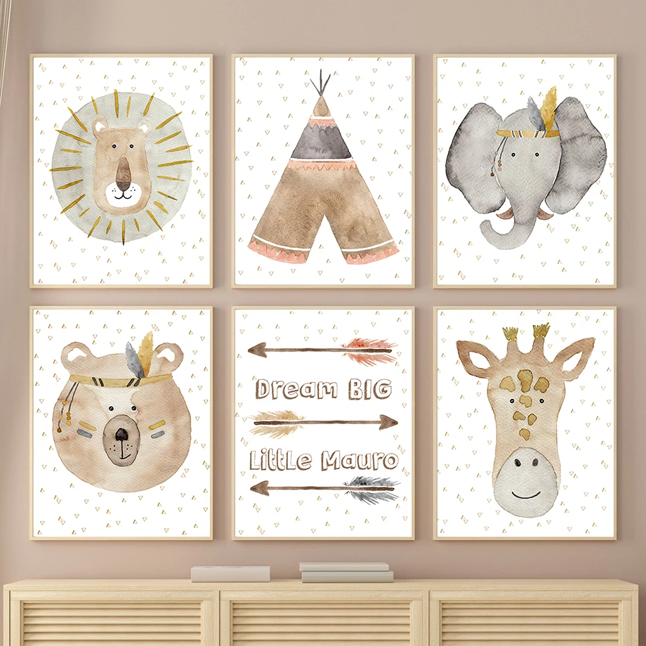 

Indian Lion Tiger Elephant Giraffe Bear Tent Wall Art Canvas Painting Nordic Posters And Prints Wall Pictures Kids Room Decor