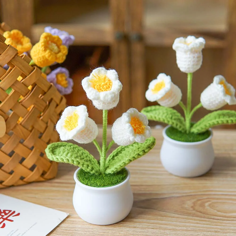 

Crochet Artificial Plants Fake Flower Potted Hand Woven Lily Valley Bonsai Handmade Woven Simulated Flower Desktop Decorations